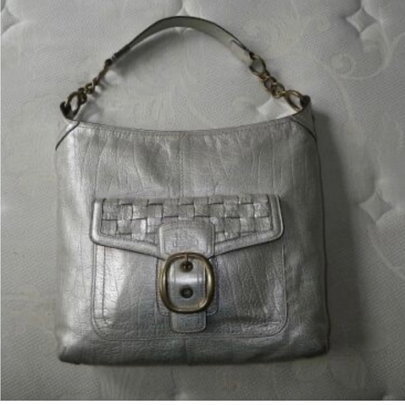 Coach LTD. ED Bleecker Platinum Metallic Woven Pocket Leather Hobo Tote Bag RARE - Picture 1 of 2